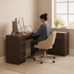 Escritorio New Llaima en ambiente decorado con persona – mesa de trabajo moderna