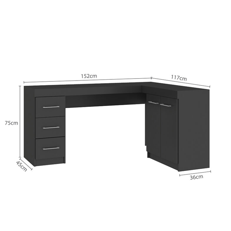 Escritorio Esquinero Grafito vista frontal con medidas – escritorio moderno en L para home office