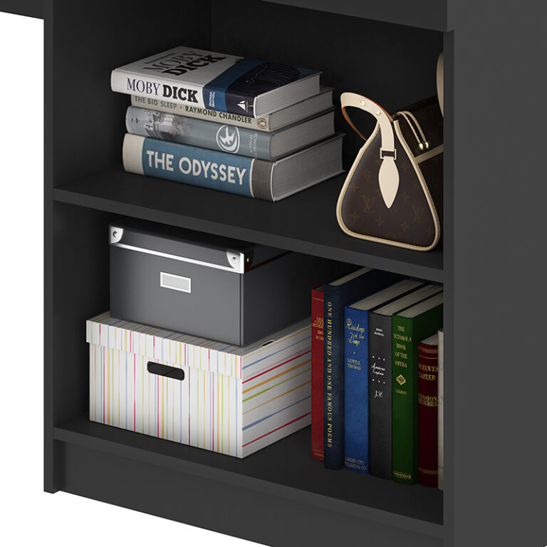 Detalle repisas del Escritorio Esquinero Grafito – espacio de trabajo amplio y funcional