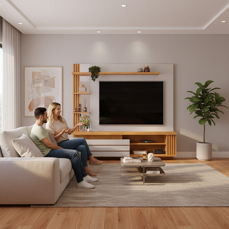 Panel Marín Bali 55 instalado en living moderno con personas