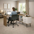 Escritorio Esquinero Funcional Lisboa en oficina moderna con persona