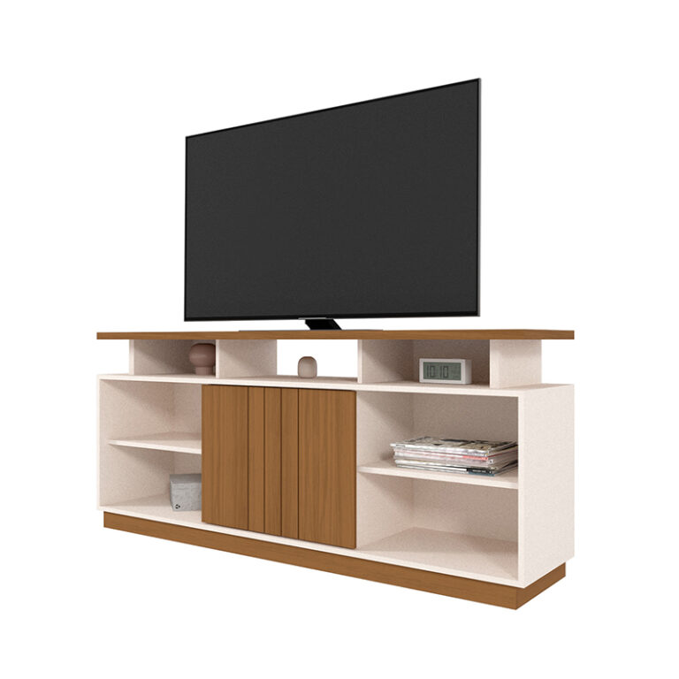Rack Salvador 75″ vista lateral organizando consola y accesorios multimedia