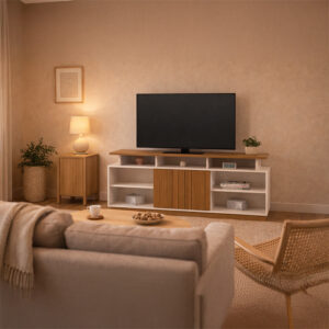 Rack Salvador 75″ con TV de 75″ en sala decorada